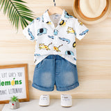 2pcs Baby Boy Allover Animals Print Front Buttons Lapel Collar Short - sleeve Shirt and Pockets Denim Shorts Set - MomYom PK