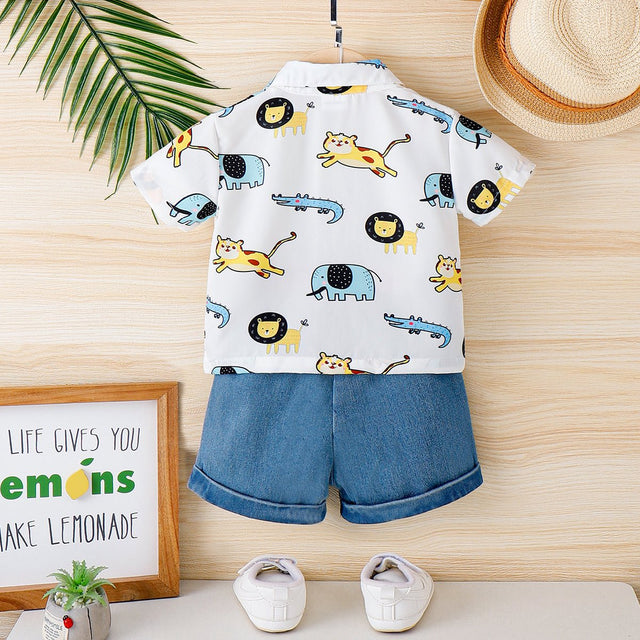 2pcs Baby Boy Allover Animals Print Front Buttons Lapel Collar Short - sleeve Shirt and Pockets Denim Shorts Set - MomYom PK