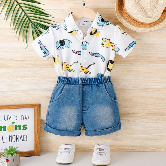 2pcs Baby Boy Allover Animals Print Front Buttons Lapel Collar Short - sleeve Shirt and Pockets Denim Shorts Set - MomYom PK