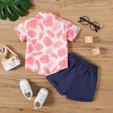 2pcs Baby Boy Allover Pink Leaf Print Short - sleeve Bow Tie Shirt and Solid Shorts Set - MomYom PK