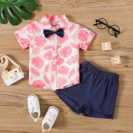 2pcs Baby Boy Allover Pink Leaf Print Short - sleeve Bow Tie Shirt and Solid Shorts Set - MomYom PK