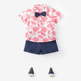 2pcs Baby Boy Allover Pink Leaf Print Short - sleeve Bow Tie Shirt and Solid Shorts Set - MomYom PK