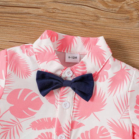 2pcs Baby Boy Allover Pink Leaf Print Short - sleeve Bow Tie Shirt and Solid Shorts Set - MomYom PK