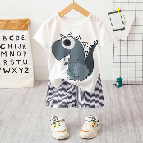 2pcs Baby Boy Cartoon Dinosaur Print Short - sleeve T-shirt and Pinstriped Shorts Set - MomYom PK