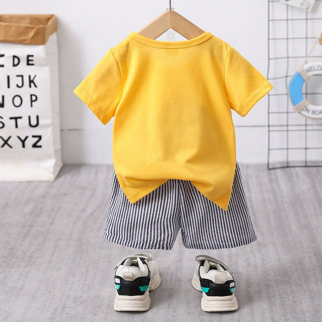 2pcs Baby Boy Cartoon Dinosaur Print Short - sleeve T-shirt and Pinstriped Shorts Set - MomYom PK