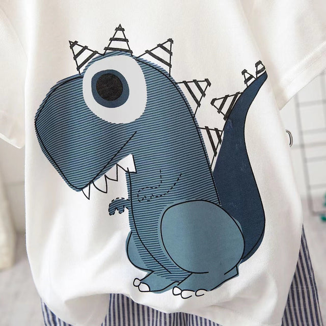 2pcs Baby Boy Cartoon Dinosaur Print Short - sleeve T-shirt and Pinstriped Shorts Set - MomYom PK