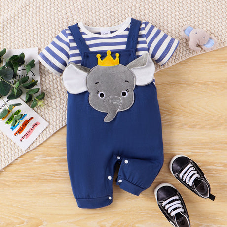 2pcs Baby Boy Childlike Striped Tee and Elephant 3D Overalls Set - MomYom PK