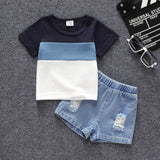 2pcs Baby Boy Color Block Waffle Top and 100% Cotton Ripped Denim Shorts Set - MomYom PK