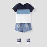 2pcs Baby Boy Color Block Waffle Top and 100% Cotton Ripped Denim Shorts Set - MomYom PK