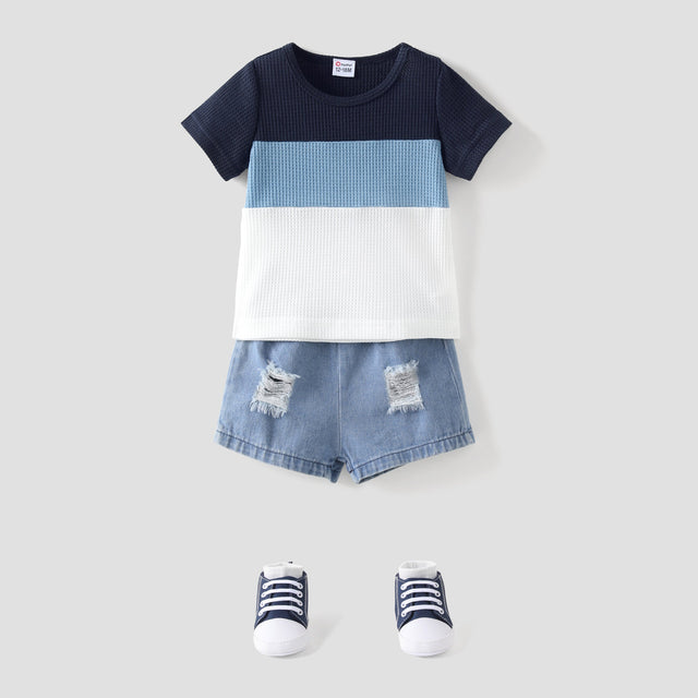 2pcs Baby Boy Color Block Waffle Top and 100% Cotton Ripped Denim Shorts Set - MomYom PK