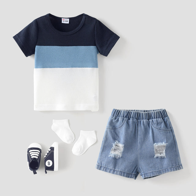 2pcs Baby Boy Color Block Waffle Top and 100% Cotton Ripped Denim Shorts Set - MomYom PK