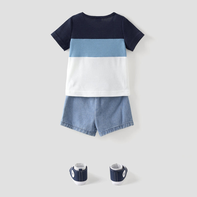 2pcs Baby Boy Color Block Waffle Top and 100% Cotton Ripped Denim Shorts Set - MomYom PK