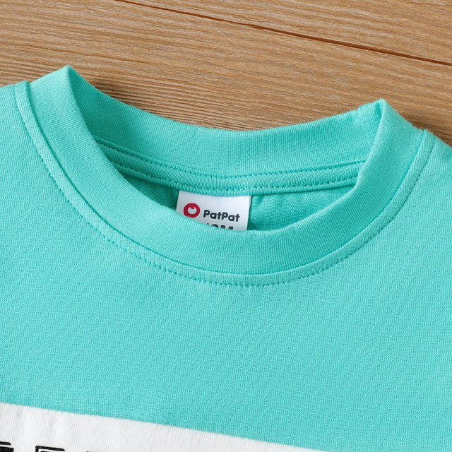 2pcs Baby Boy Cotton Letter Print Colorblock Short - sleeve Tee and Denim Shorts Set - MomYom PK