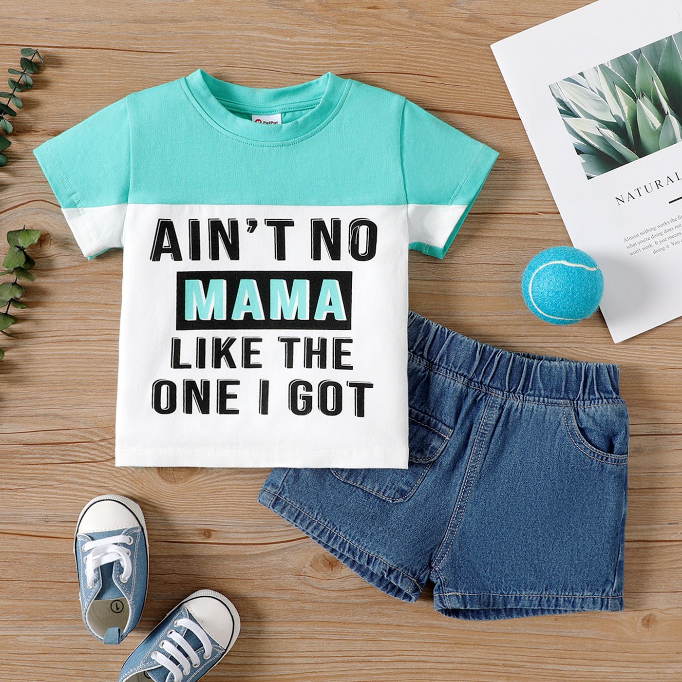 2pcs Baby Boy Cotton Letter Print Colorblock Short - sleeve Tee and Denim Shorts Set - MomYom PK