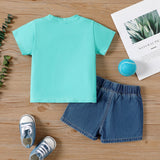 2pcs Baby Boy Cotton Letter Print Colorblock Short - sleeve Tee and Denim Shorts Set - MomYom PK