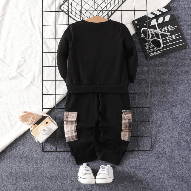 2pcs Baby Boy Cotton Letters Print Plaid Panel Long - sleeve Top and Cargo Pants Set - MomYom PK