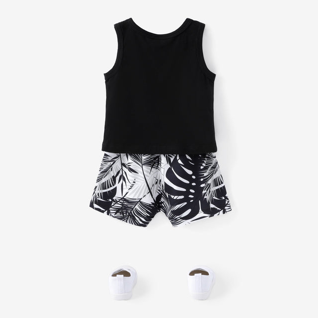 2pcs Baby Boy Cotton Tank Top and Allover Tropical Plant Print Naia™ Shorts Set - MomYom PK