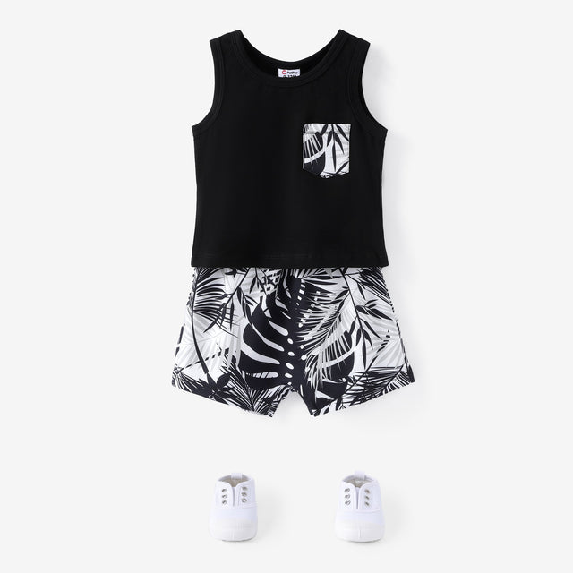 2pcs Baby Boy Cotton Tank Top and Allover Tropical Plant Print Naia™ Shorts Set - MomYom PK