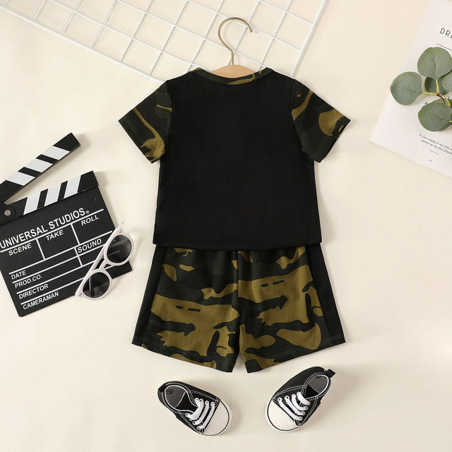 2pcs Baby Boy Letter Print Camouflage Short - sleeve Tee and Camouflage Shorts Set - MomYom PK