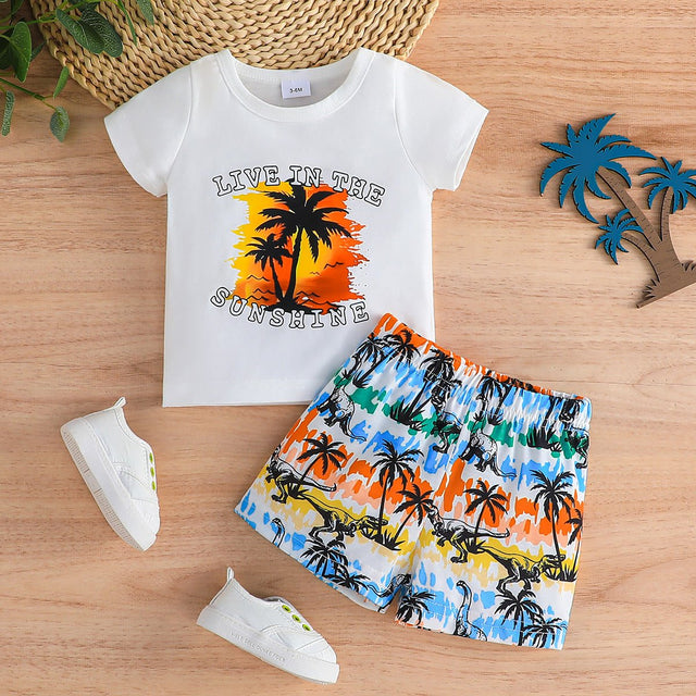 2pcs Baby Boy Letters Print Short - sleeve Tee and Allover Dinosaur Print Shorts Set - MomYom PK