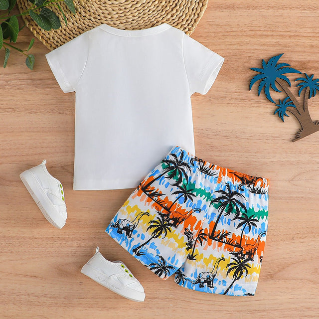 2pcs Baby Boy Letters Print Short - sleeve Tee and Allover Dinosaur Print Shorts Set - MomYom PK