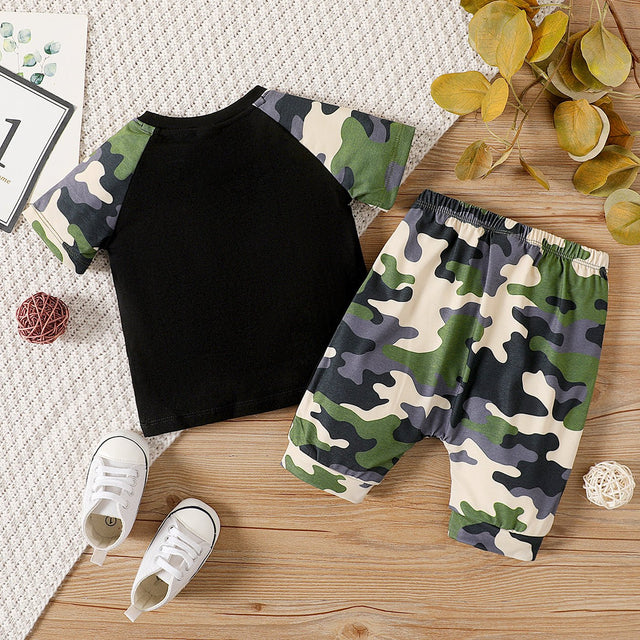 2pcs Baby Boy Short - sleeve Letter Print Black & Camouflage Naia™ Tee and Capri Pants Set - MomYom PK