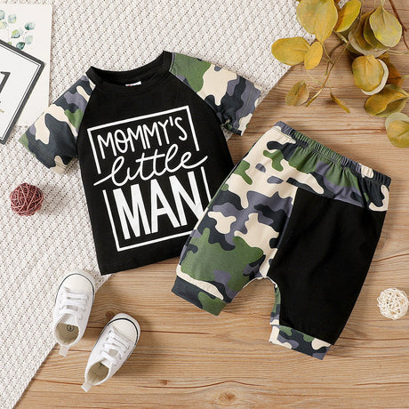 2pcs Baby Boy Short - sleeve Letter Print Black & Camouflage Naia™ Tee and Capri Pants Set - MomYom PK