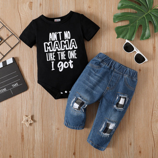 2pcs Baby Boy/Girl 95% Cotton Short - sleeve Letter Print Romper and Ripped Jeans Set - MomYom PK