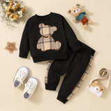 2pcs Baby Boy/Girl Long - sleeve Plaid Print Bear Embroidered Sweatshirt and Sweatpants Set - MomYom PK