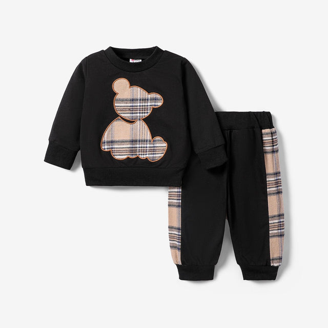 2pcs Baby Boy/Girl Long - sleeve Plaid Print Bear Embroidered Sweatshirt and Sweatpants Set - MomYom PK