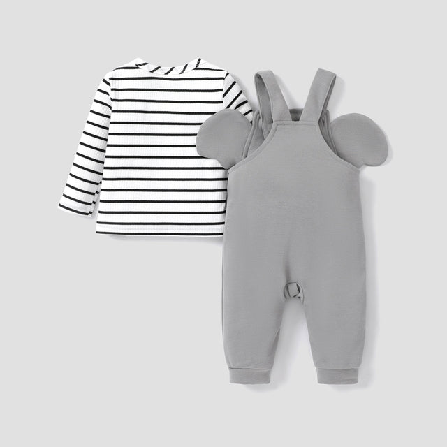 2pcs Baby Boys/Girls Childlike Long Sleeve Top and Hanging Strap and Elephant Pattern Overalls Set - MomYom PK