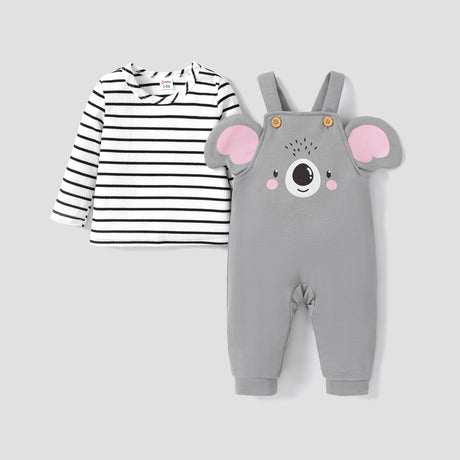 2pcs Baby Boys/Girls Childlike Long Sleeve Top and Hanging Strap and Elephant Pattern Overalls Set - MomYom PK