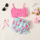 2pcs Baby Girl 100% Cotton Bow Front Cami Top and Flamingo Print Shorts Set - MomYom PK