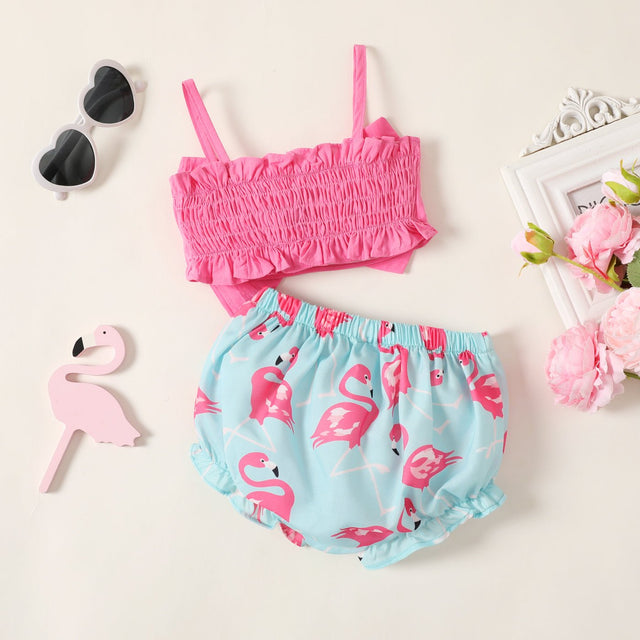 2pcs Baby Girl 100% Cotton Bow Front Cami Top and Flamingo Print Shorts Set - MomYom PK