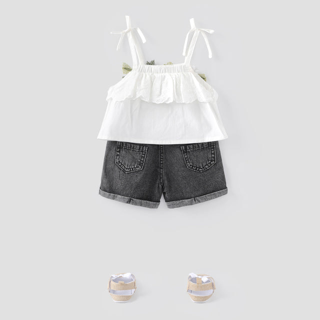 2pcs Baby Girl 100% Cotton Floral Design Cami Top and Ripped Denim Shorts Set - MomYom PK