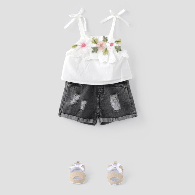 2pcs Baby Girl 100% Cotton Floral Design Cami Top and Ripped Denim Shorts Set - MomYom PK