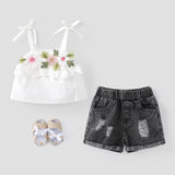 2pcs Baby Girl 100% Cotton Floral Design Cami Top and Ripped Denim Shorts Set - MomYom PK