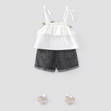 2pcs Baby Girl 100% Cotton Floral Design Cami Top and Ripped Denim Shorts Set - MomYom PK