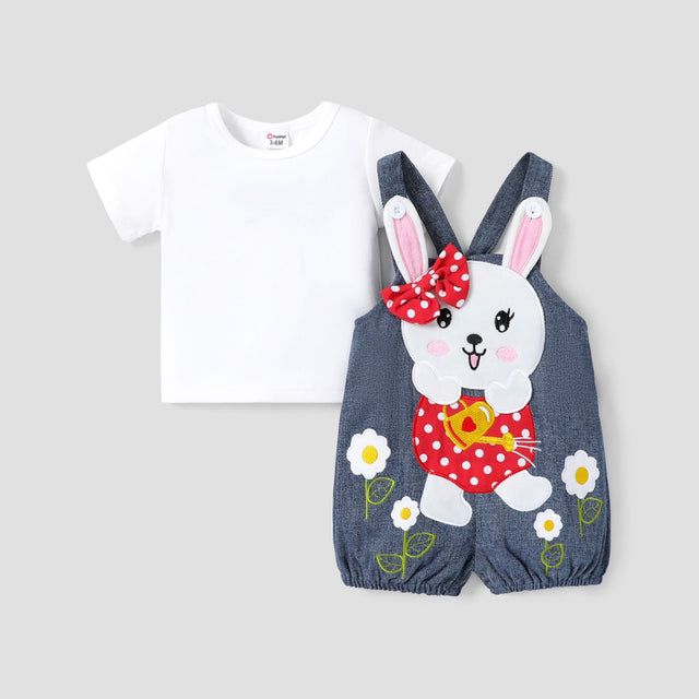 2pcs Baby Girl 100% Cotton Rabbit Graphic Denim Overalls Shorts and Solid Short - sleeve Tee Set - MomYom PK