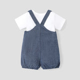 2pcs Baby Girl 100% Cotton Rabbit Graphic Denim Overalls Shorts and Solid Short - sleeve Tee Set - MomYom PK