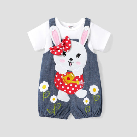 2pcs Baby Girl 100% Cotton Rabbit Graphic Denim Overalls Shorts and Solid Short - sleeve Tee Set - MomYom PK