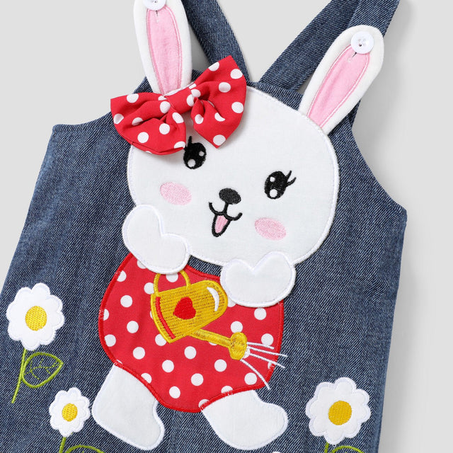 2pcs Baby Girl 100% Cotton Rabbit Graphic Denim Overalls Shorts and Solid Short - sleeve Tee Set - MomYom PK