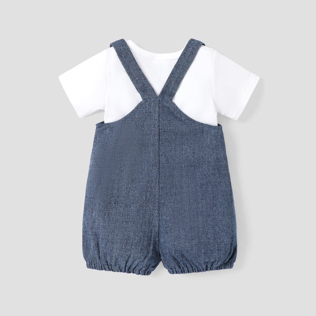 2pcs Baby Girl 100% Cotton Rabbit Graphic Denim Overalls Shorts and Solid Short - sleeve Tee Set - MomYom PK