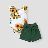 2pcs Baby Girl 100% Cotton Solid Belted Shorts and Allover Sunflower Print Ruffled Collar Tank Romper Set - MomYom PK