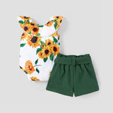 2pcs Baby Girl 100% Cotton Solid Belted Shorts and Allover Sunflower Print Ruffled Collar Tank Romper Set - MomYom PK