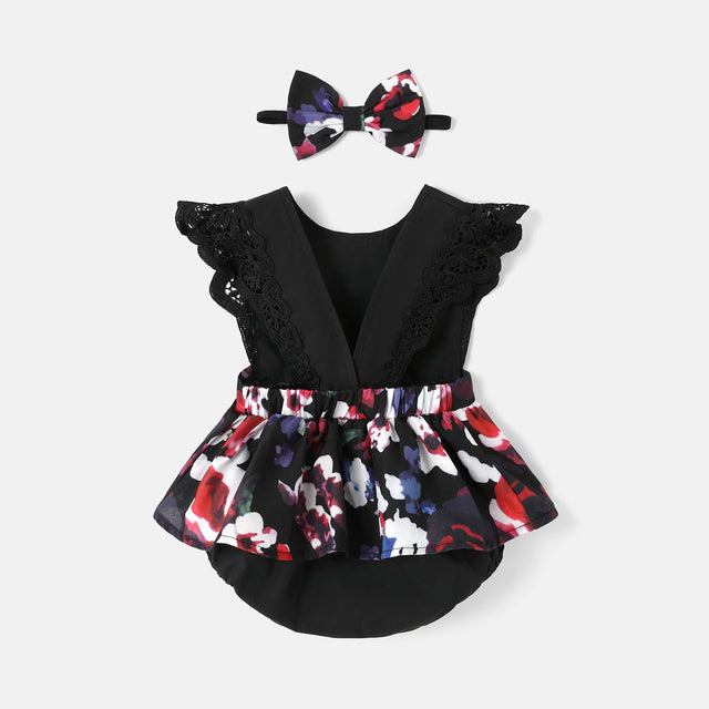 2pcs Baby Girl 100% Cotton Solid & Floral - print Spliced Lace Flutter - sleeve Romper with Headband Set - MomYom PK