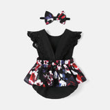 2pcs Baby Girl 100% Cotton Solid & Floral - print Spliced Lace Flutter - sleeve Romper with Headband Set - MomYom PK