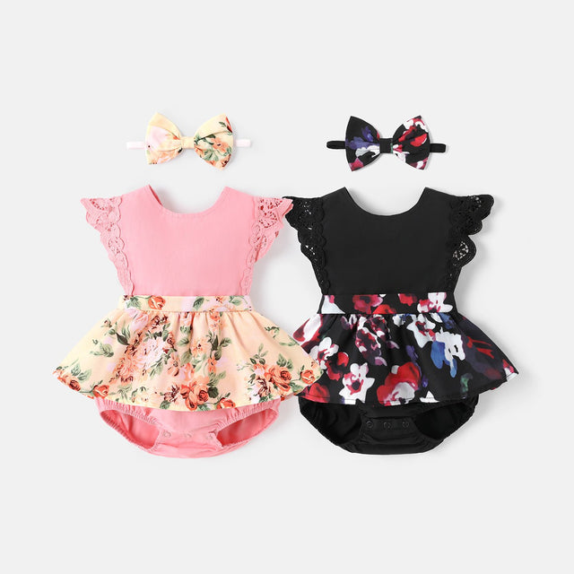 2pcs Baby Girl 100% Cotton Solid & Floral - print Spliced Lace Flutter - sleeve Romper with Headband Set - MomYom PK