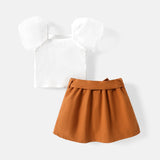 2pcs Baby Girl 100% Cotton Solid Skirt and Puff - sleeve Ribbed Top Set - MomYom PK