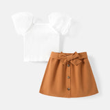 2pcs Baby Girl 100% Cotton Solid Skirt and Puff - sleeve Ribbed Top Set - MomYom PK